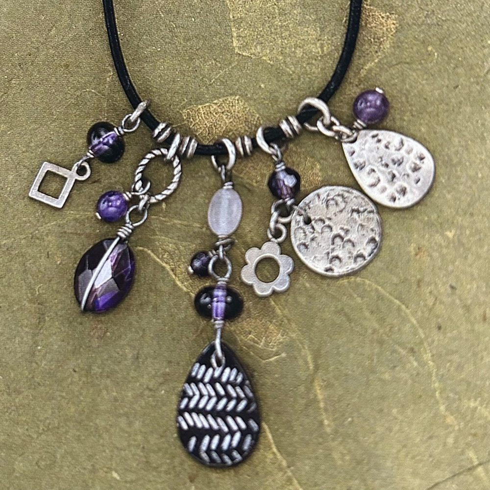 Silpada Amethyst, Glass, Sterling Silver, Black Leather Necklace